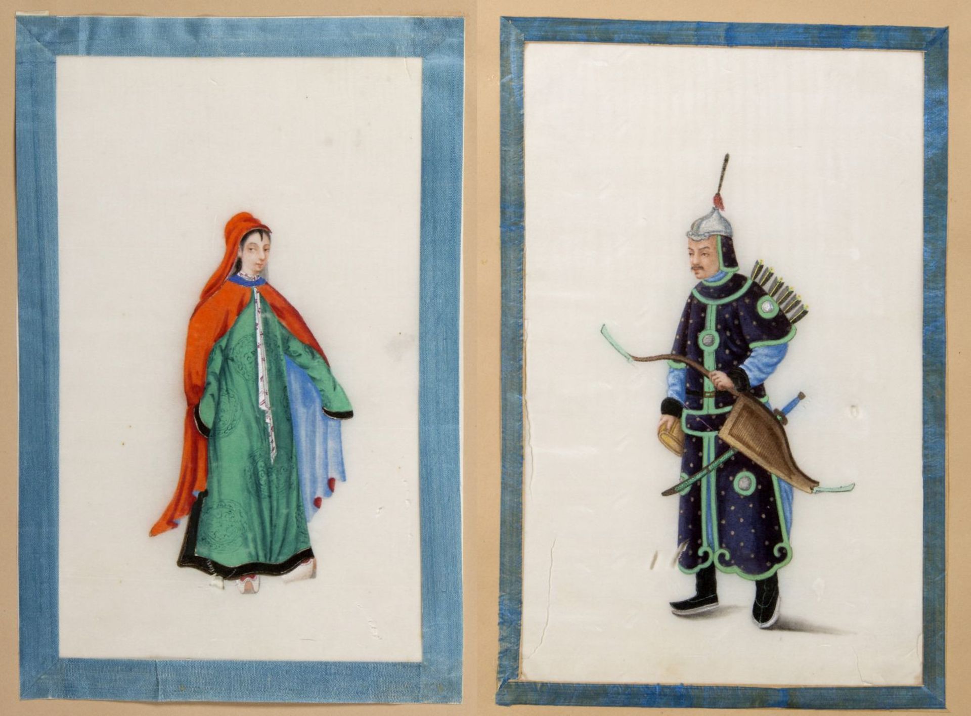 China Stehende Frau. Stehender Soldat. 2 farbige Tuschzeichn. auf Reispapier. Bis 24 x 15 cm. Auf ei