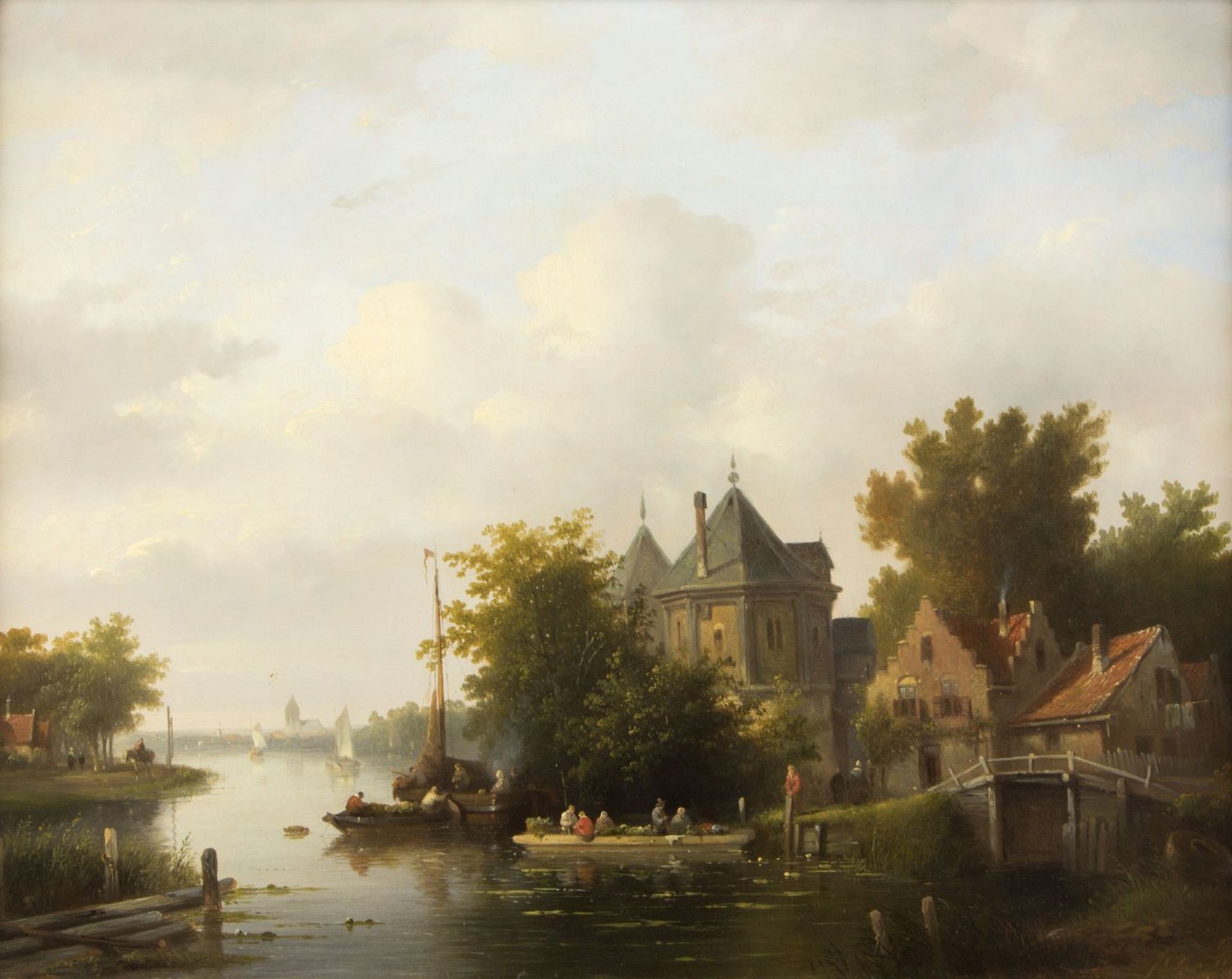 Stok, Jacobus van der. 1794 Leiden - Amsterdam 1864 Gebäude, Personen und Schiffe an einem Fluss. Öl