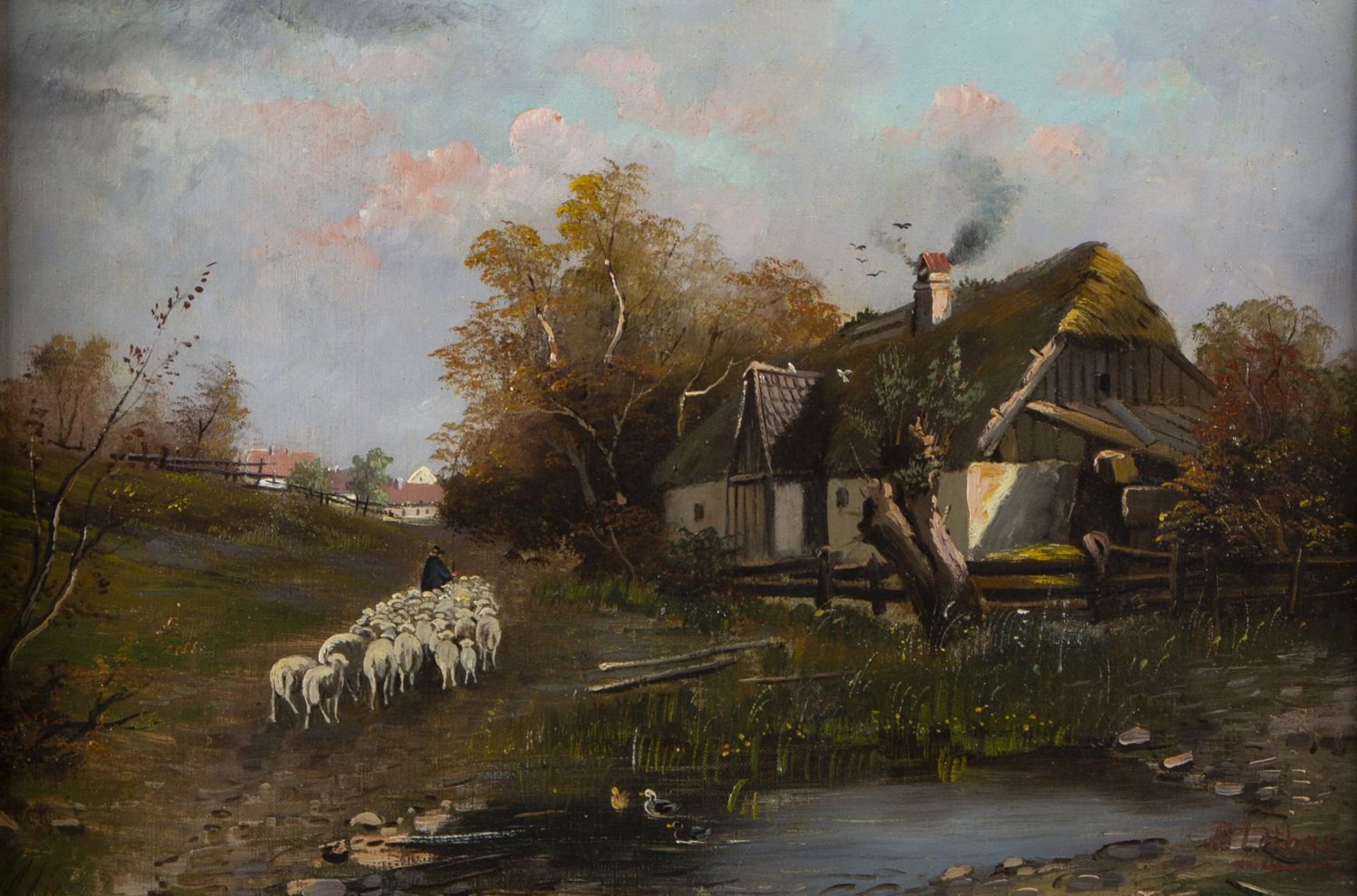 Lothar, B. Schäfer mit seiner Herde an einem Bauernhof. Öl/Lwd. Sign. 32,5 x 48,5 cm. Gerahmt.