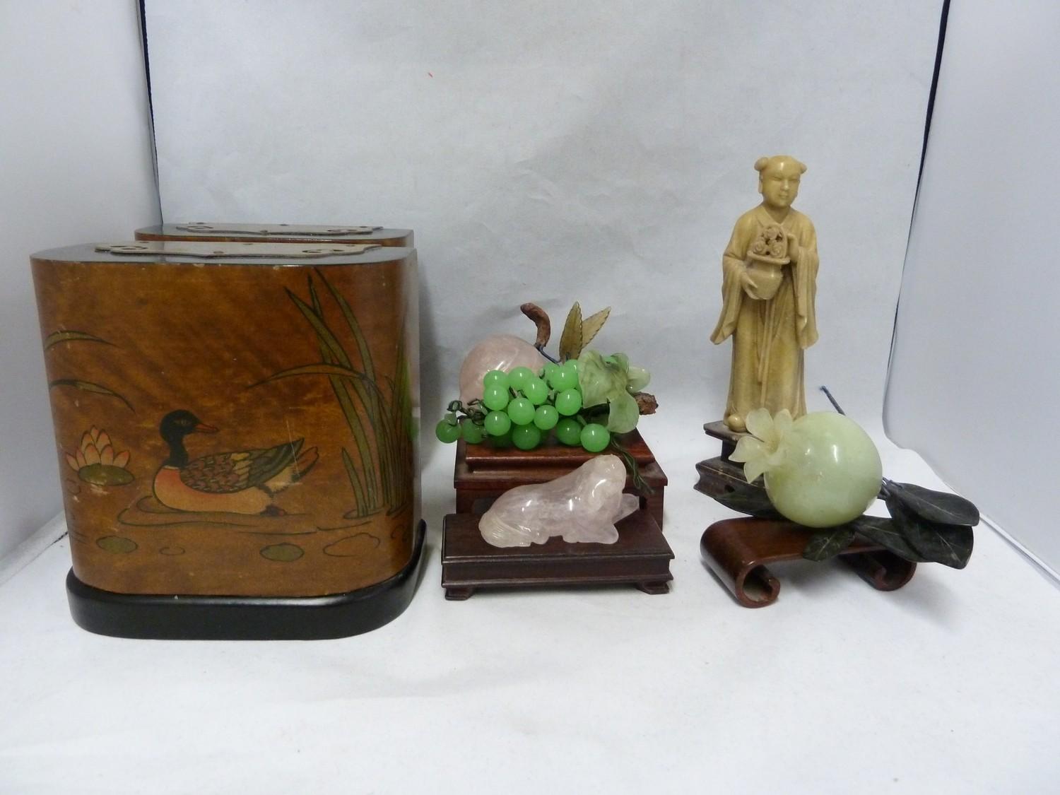 A Chinese soapstone figure of an immortal holding a pot plant; various glass and stone models of - Image 2 of 11