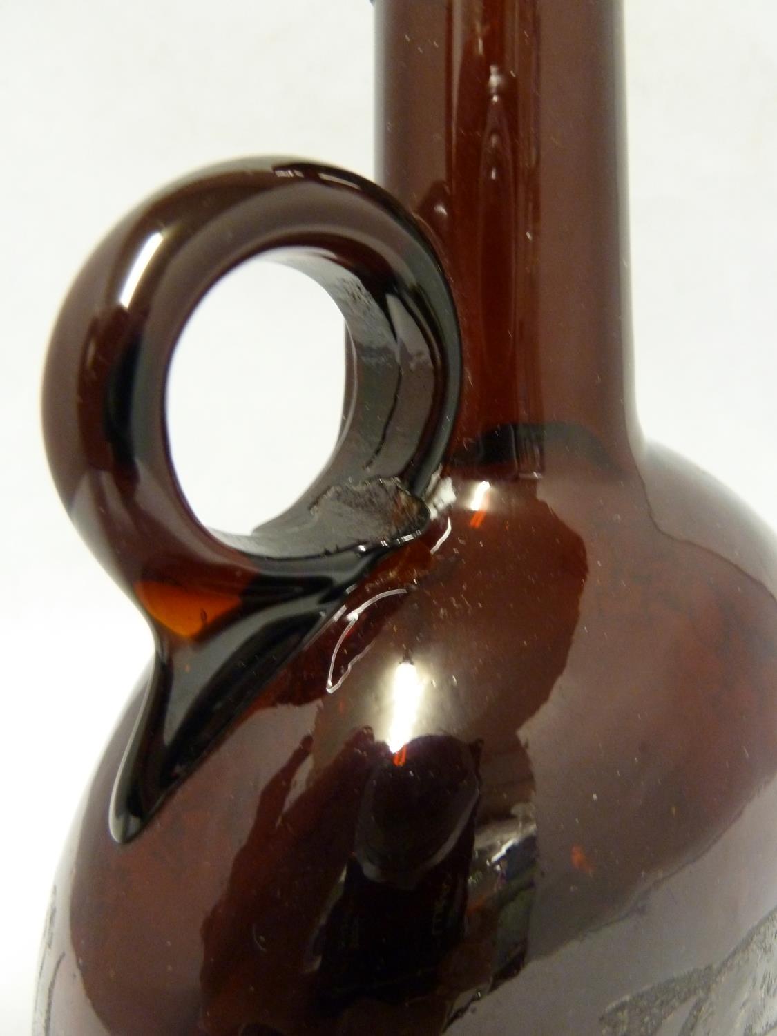 A P Haag, engraver - a 19th Century brown glass finger loop bottle decanter, engraved with a hunting - Image 4 of 8