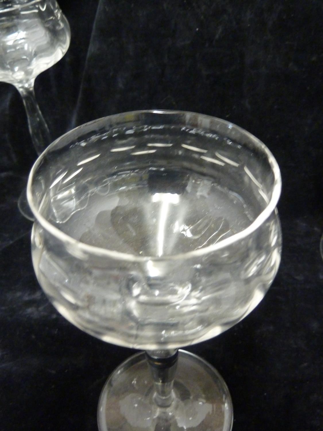 Bakalowits, Vienna designed by Kolomon Moser- six wine glasses, colourless glass, the lobed bowls - Image 7 of 8