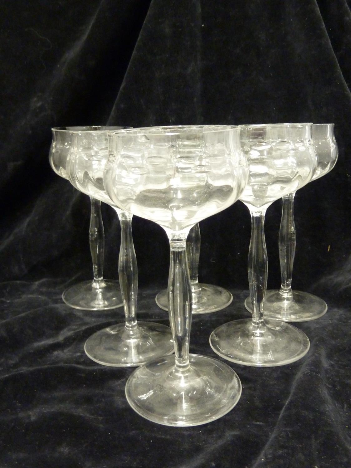 Bakalowits, Vienna designed by Kolomon Moser- six wine glasses, colourless glass, the lobed bowls - Image 5 of 8