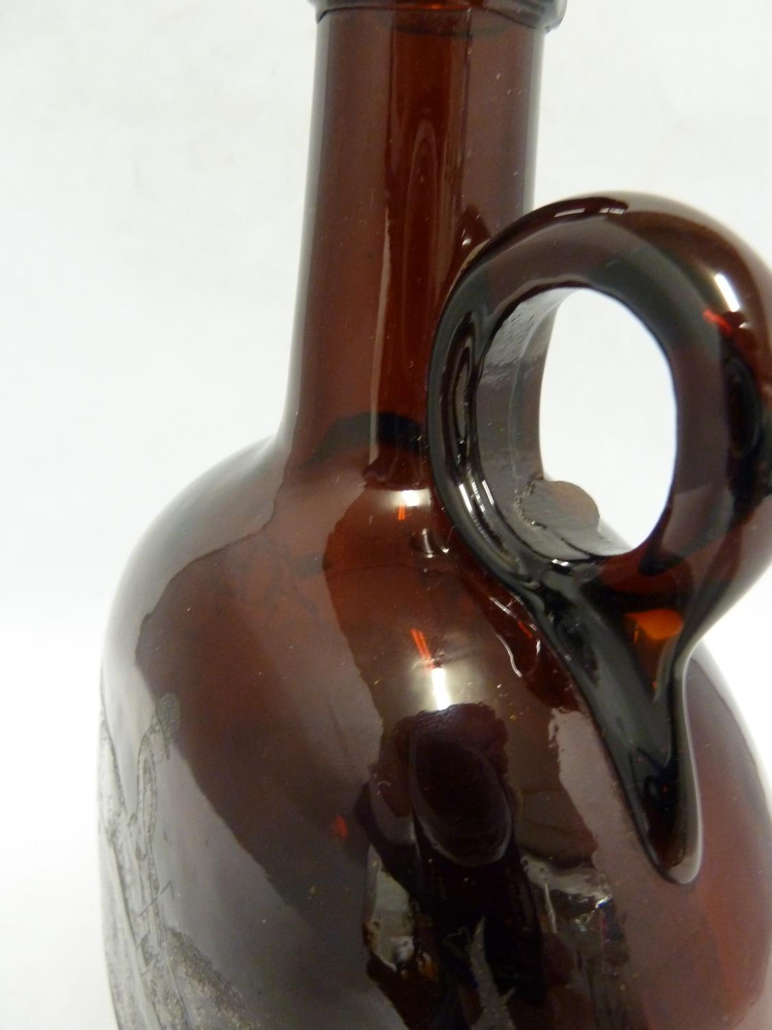 A P Haag, engraver - a 19th Century brown glass finger loop bottle decanter, engraved with a hunting - Image 3 of 8