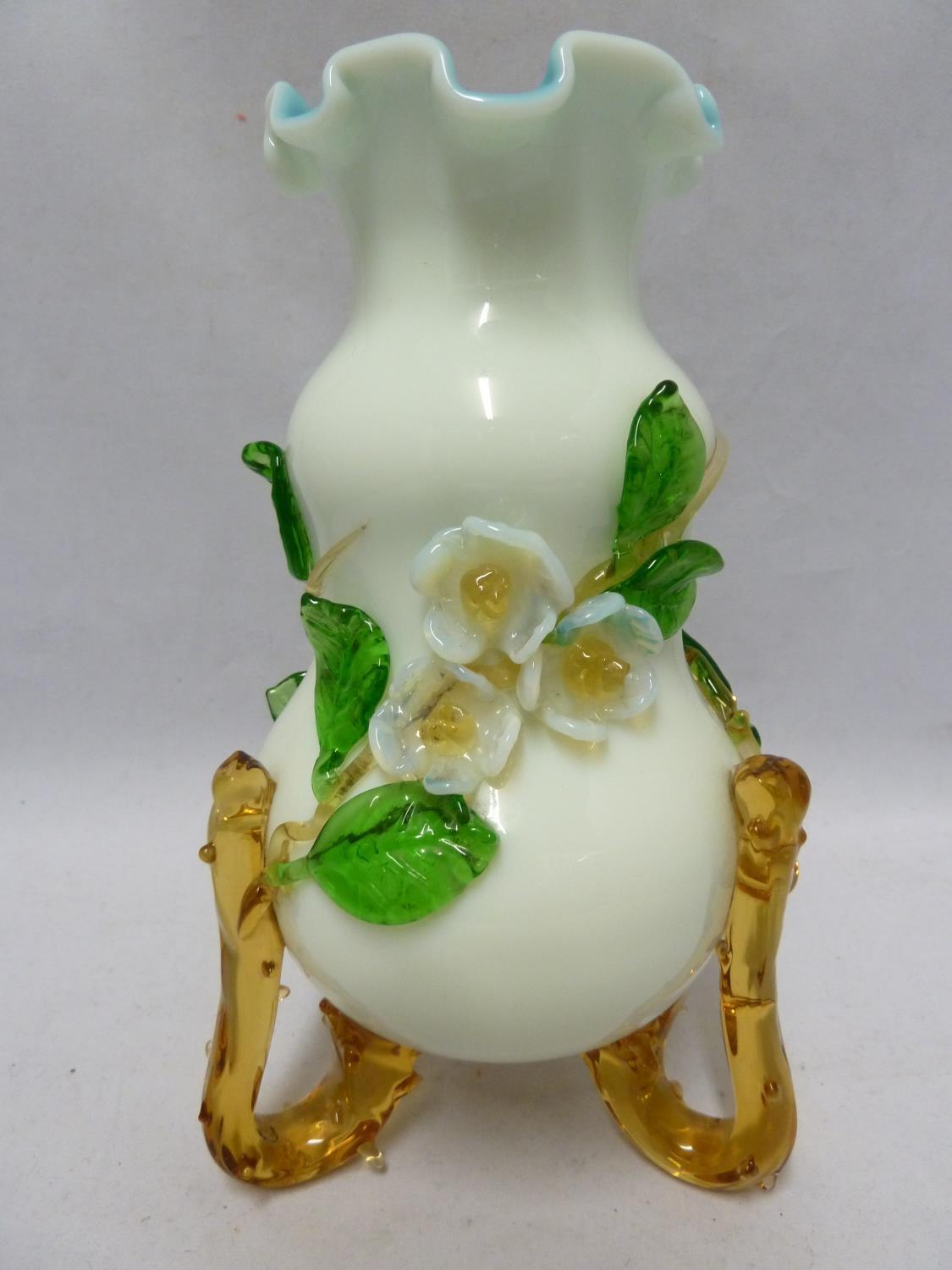 Stourbridge - a Mat-su-Noke style glass vase, the double gourd body of cream over sky blue opaque