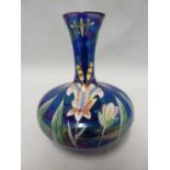 Poschinger - a blue glass bottle vase with enamelled lotus flowers in polychrome enamels, 12.5cm