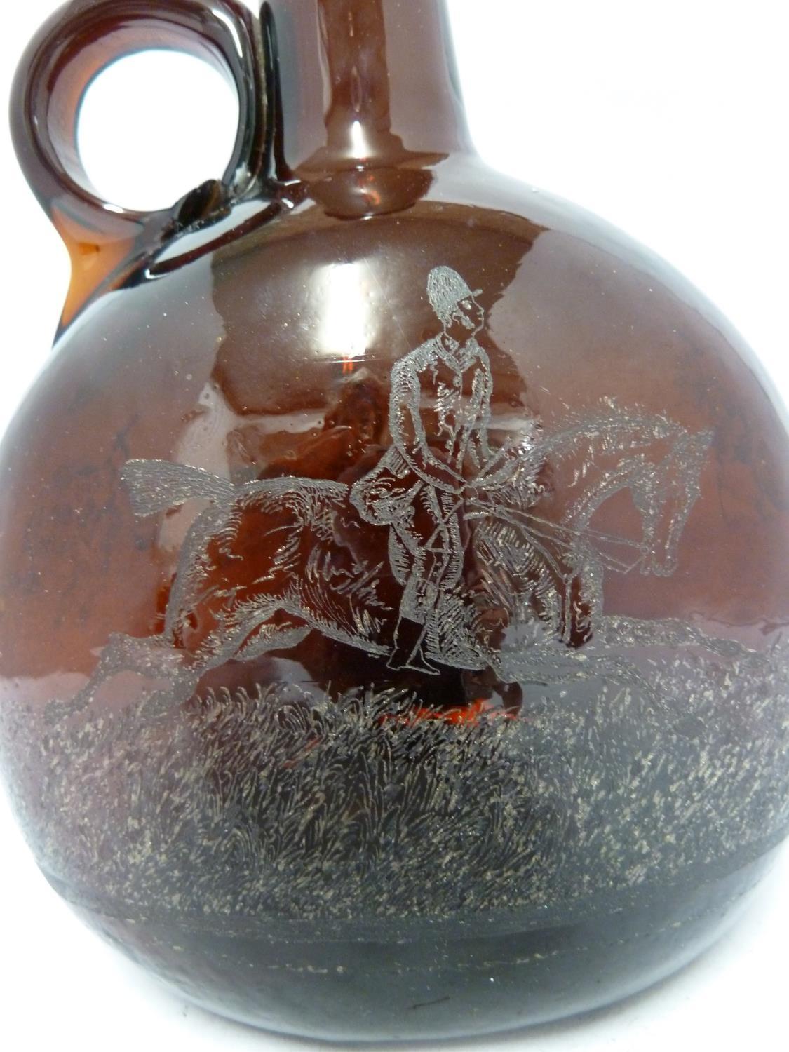 A P Haag, engraver - a 19th Century brown glass finger loop bottle decanter, engraved with a hunting - Image 6 of 8