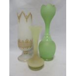 French opaline glass - three vases, comprising: a green onion form vase, for the Islamic market; a