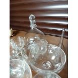 A glass wasp trap, a glass funnel, 5 champagne coupes, a measuring flask, 5 custard cups and other