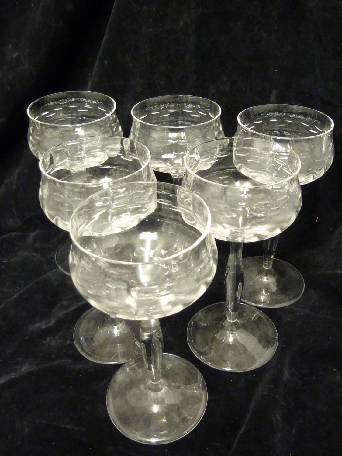 Bakalowits, Vienna designed by Kolomon Moser- six wine glasses, colourless glass, the lobed bowls - Image 6 of 8