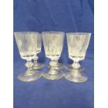 English Glass, possibly Apsley Pellat - six wine glasses, the bowls cut with fluting to the lower