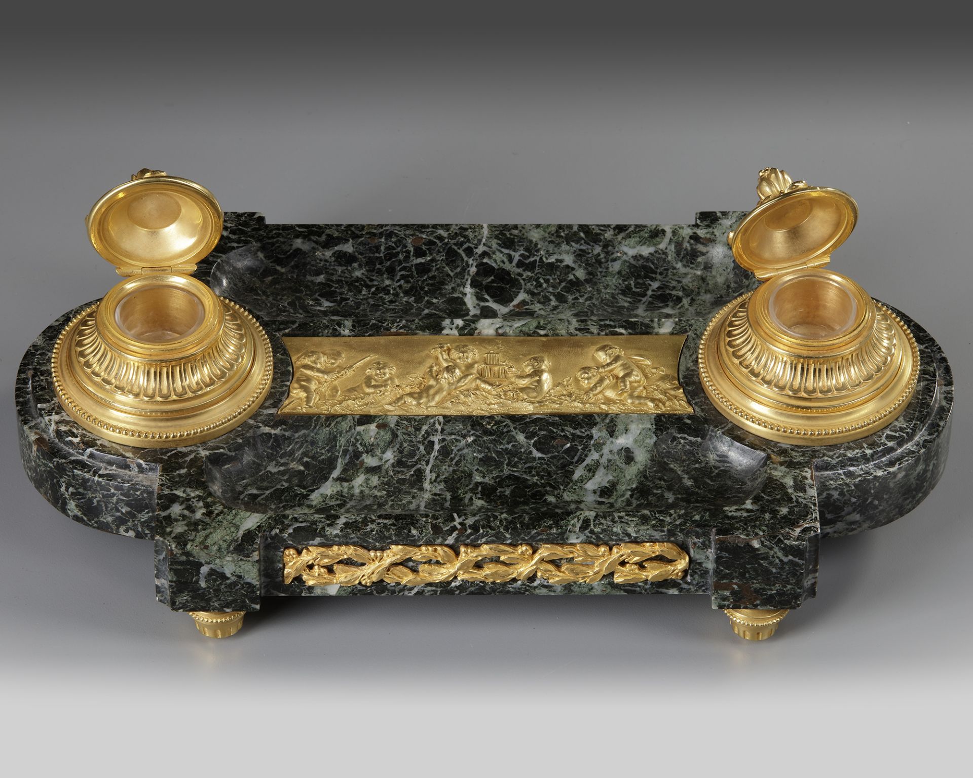 AN 'EMPIRE STYLE' INKWELL IN GILT BRONZE, 19TH CENTURY