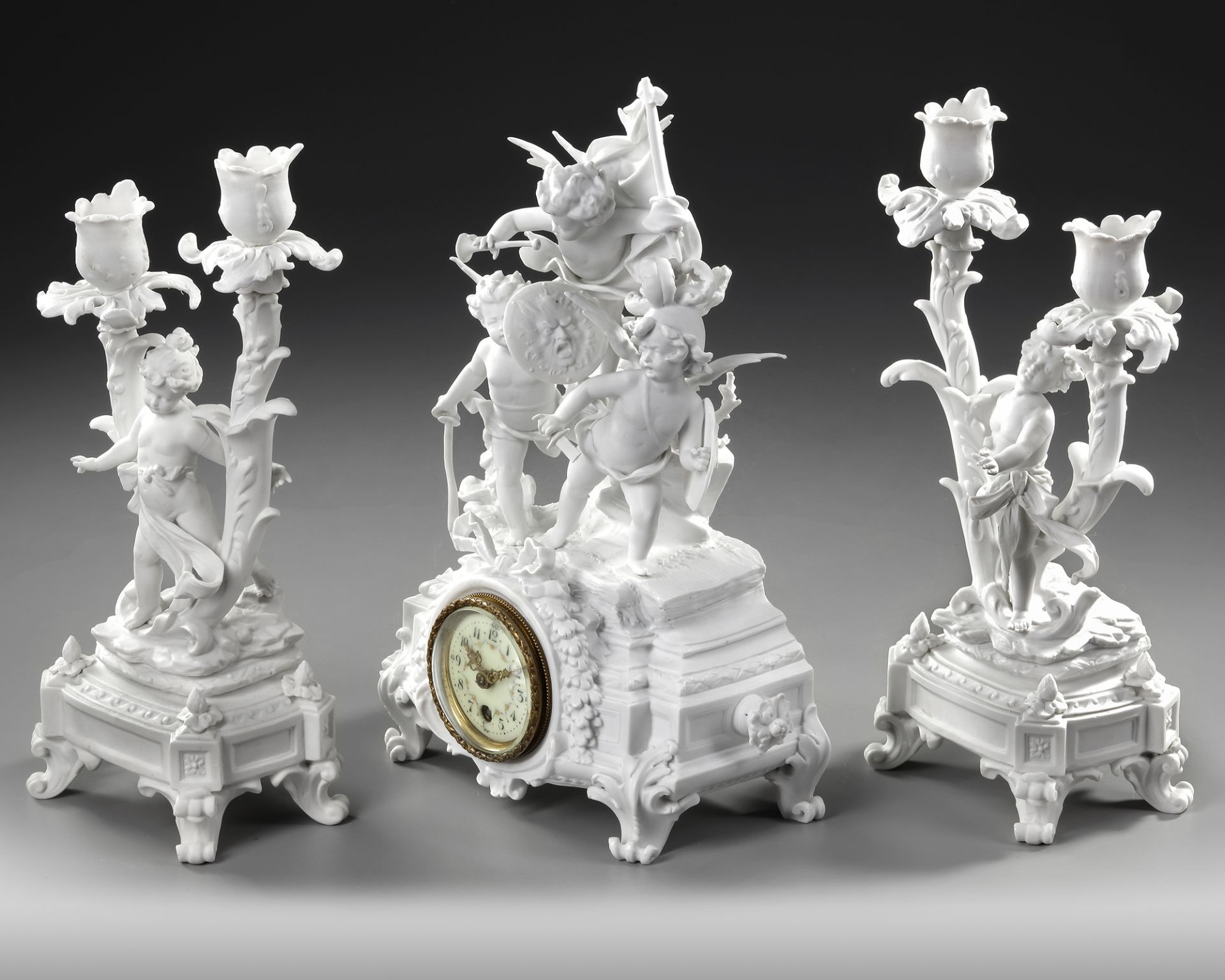 A FRENCH SEVRES BISCUIT CLOCK SET, 19TH CENTURY - Image 3 of 4