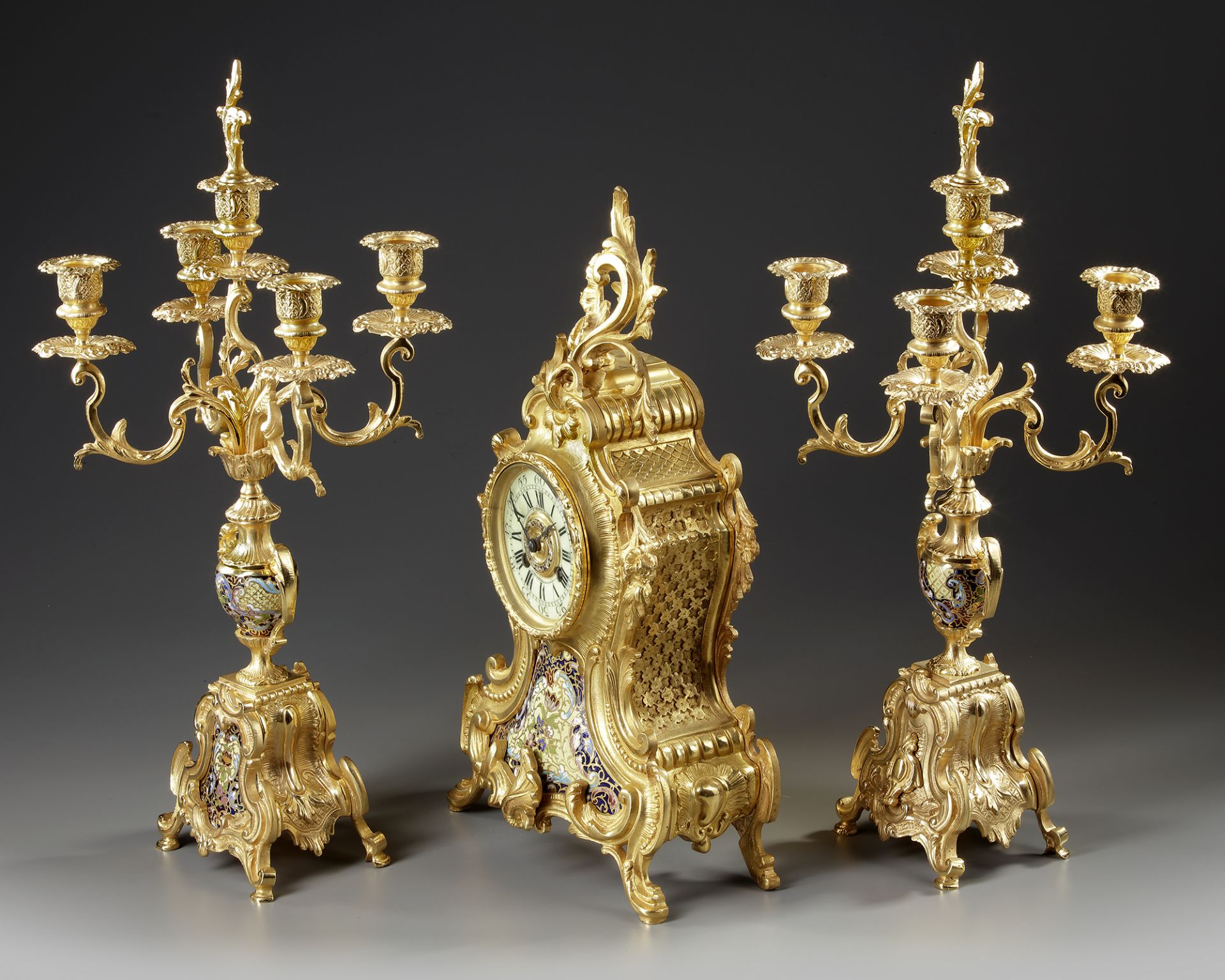 A FRENCH CHAMPLEVÉ ENAMEL CLOCK SET, 19TH CENTURY - Image 3 of 3