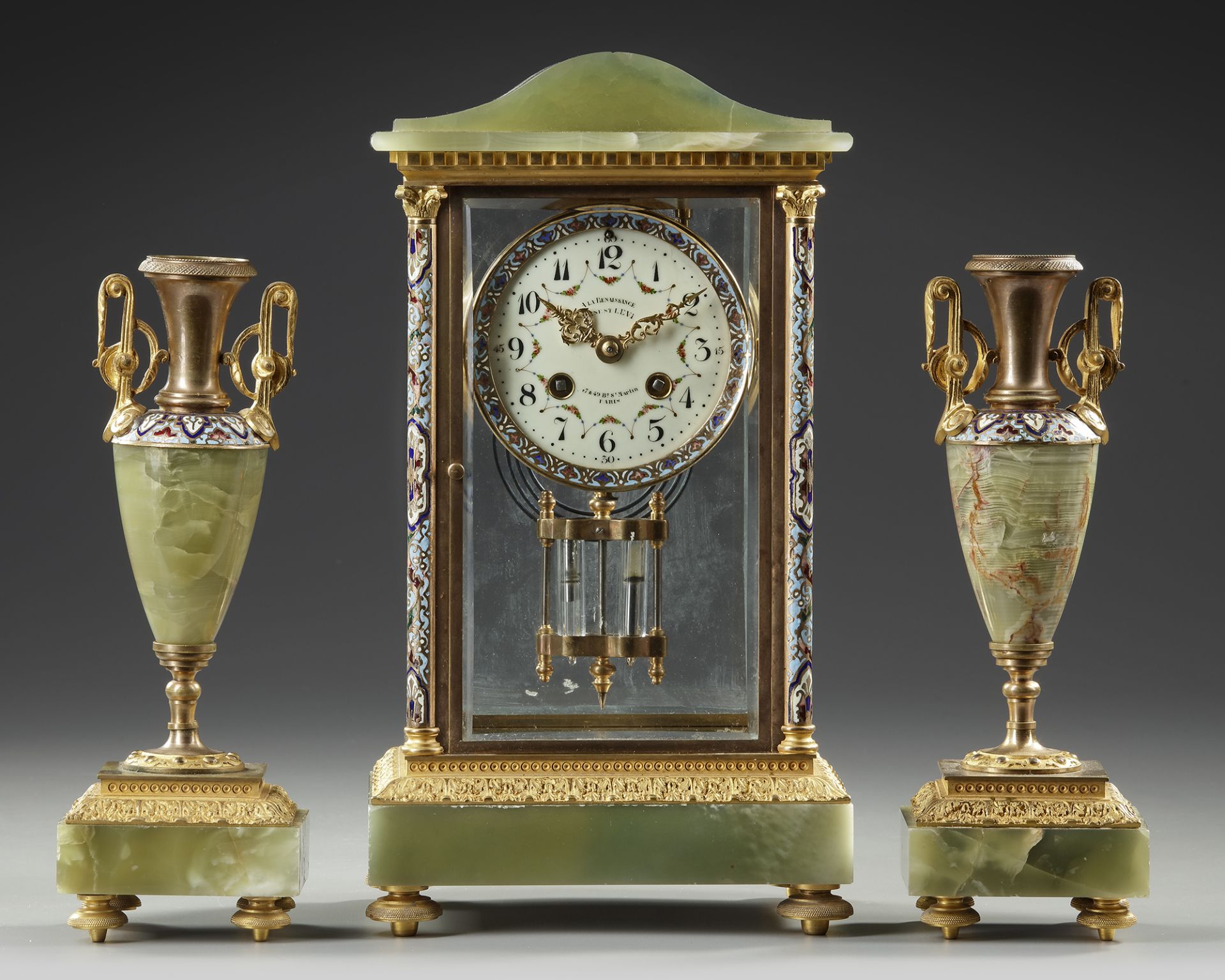 A GREEN ONYX CLOCK SET, FRANCE, 19TH CENTURY