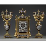 A FRENCH ORMOLU ENAMEL CLOCK SET, LATE 19TH CENTURY