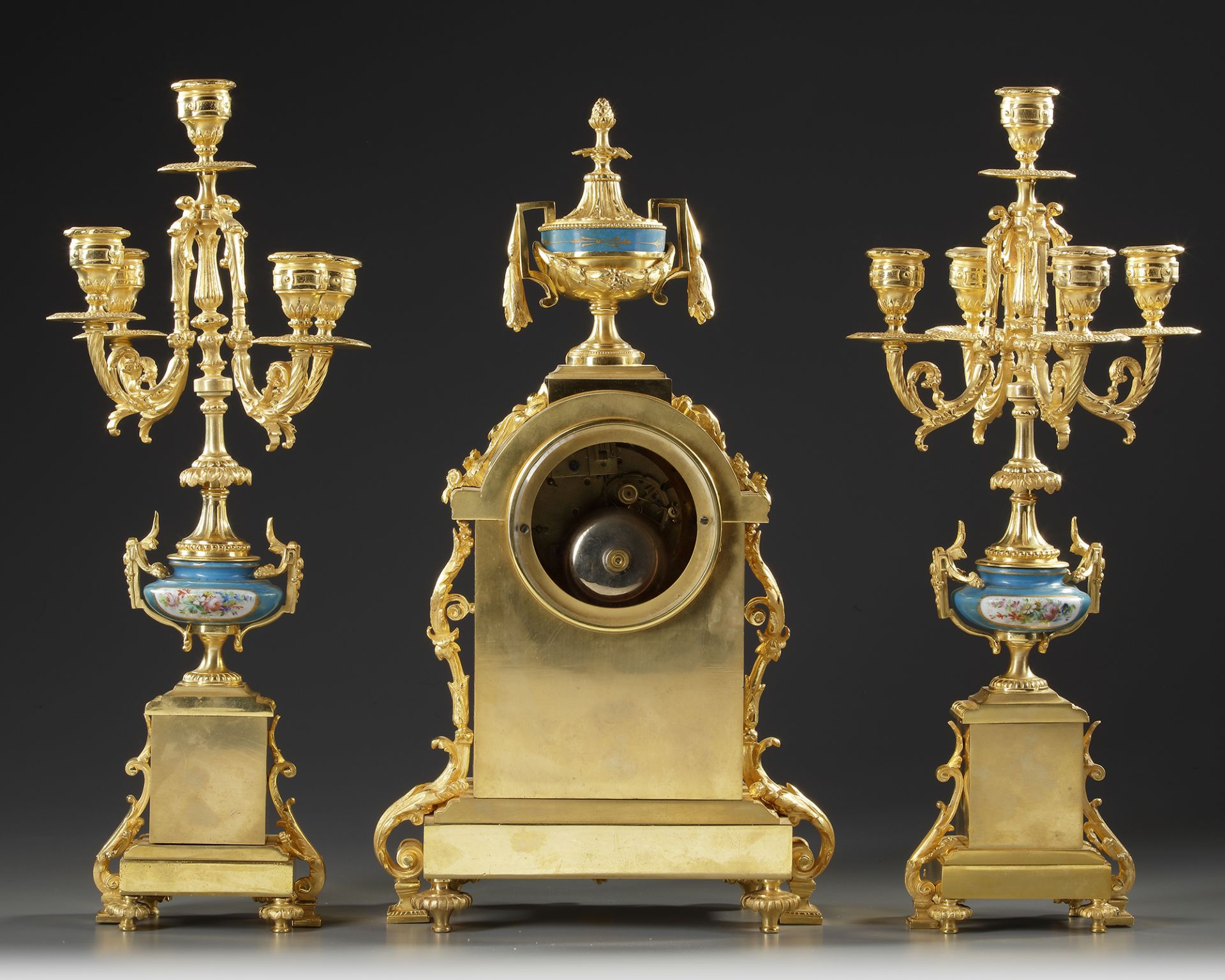 A FRENCH ORMOLU AND BLUE PORCELAIN CLOCK SET, 19TH CENTURY - Image 3 of 3