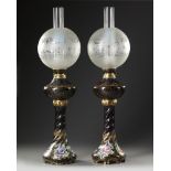 A PAIR OF FRENCH BLACK PORCELAIN LAMPS, LATE 19TH CENTURY