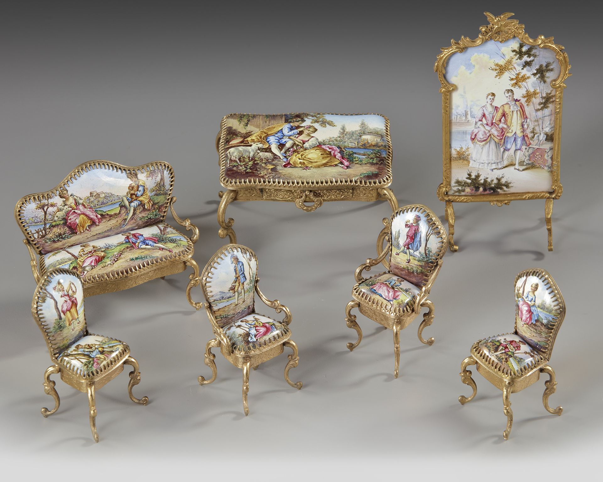 AN AUSTRIAN ENAMEL MINIATURE FURNITURE SET, 19TH CENTURY