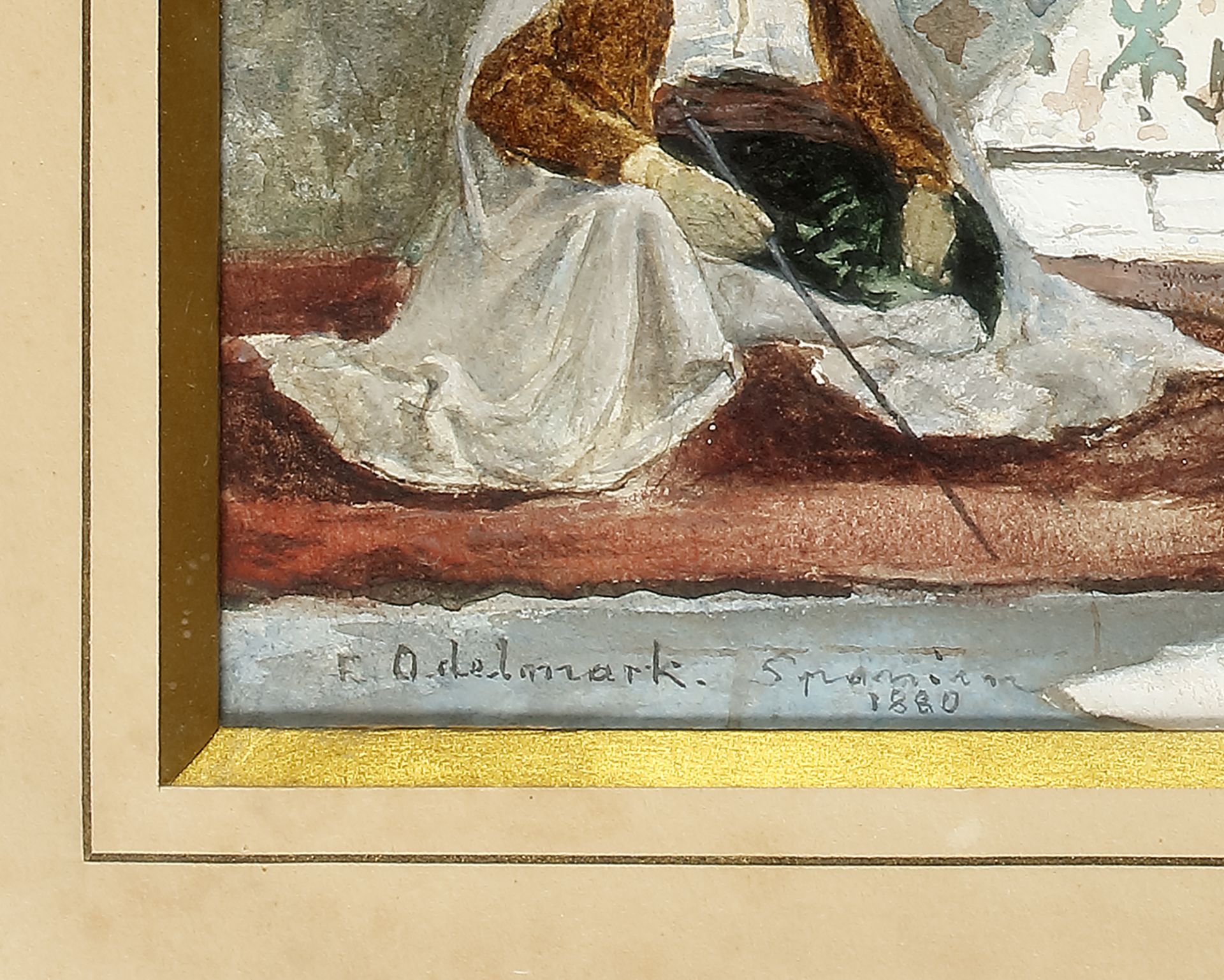 A PAINTING OF A SEATED HOLY MAN BEFORE A GIANT MOORISH STYLE VASE IN A NICHE, 1880 - Image 2 of 3