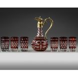 A BOHEMIAN CRYSTAL SET OF AN EWER AND 6 CUPS, LATE 19TH CENTURY