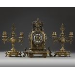 A NEO-RENAISSANCE STYLE BRONZE CLOCK AND CANDLELABRA SET, LATE 19TH CENTURY