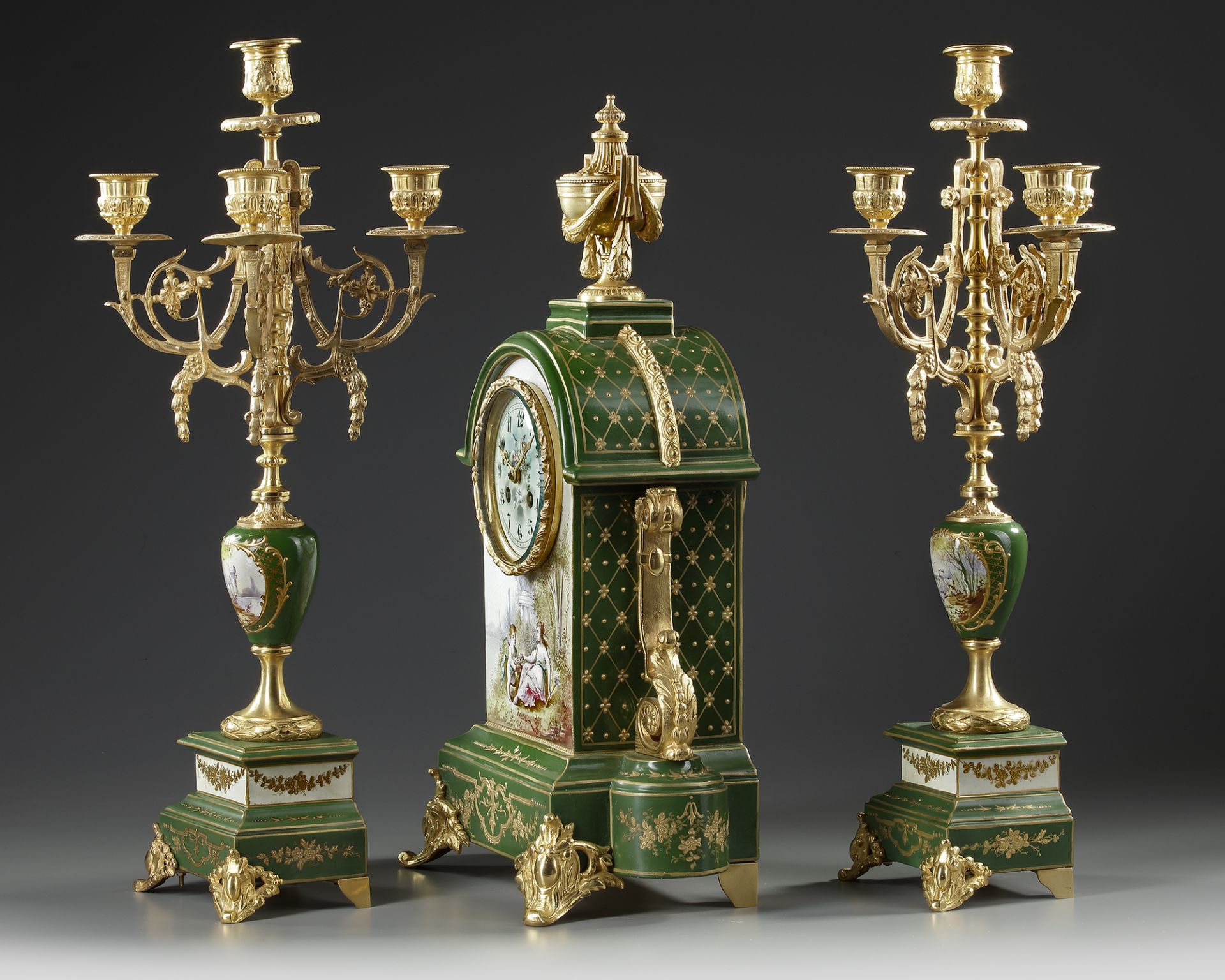 A FRENCH GILT BRONZE CLOCK SET, 19TH CENTURY - Image 2 of 3