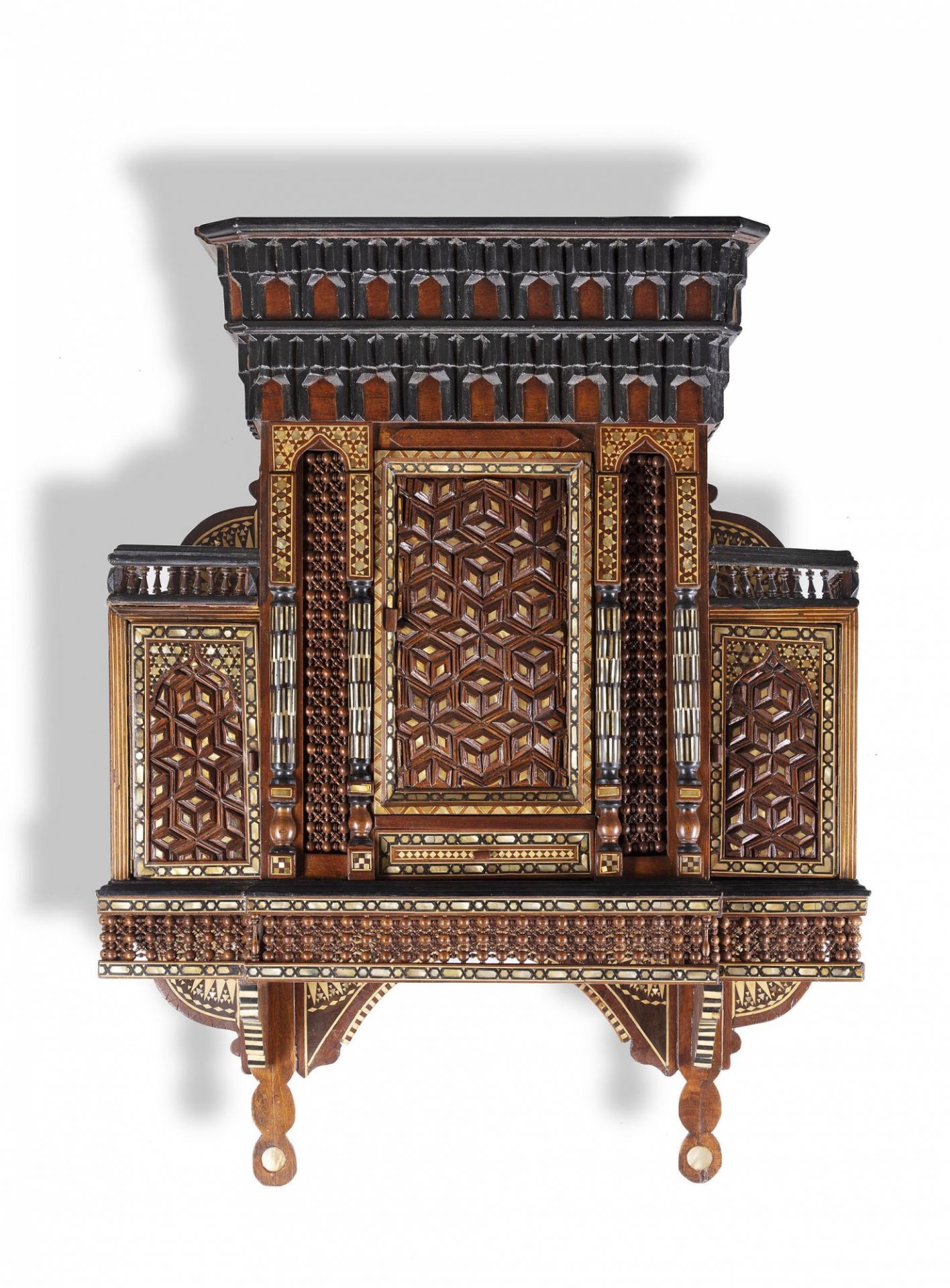 AN EGYPTIAN MOTHER-OF-PEARL INLAID WOOD ARCHITECTURAL WALL BRACKET, LATE 19TH CENTURY