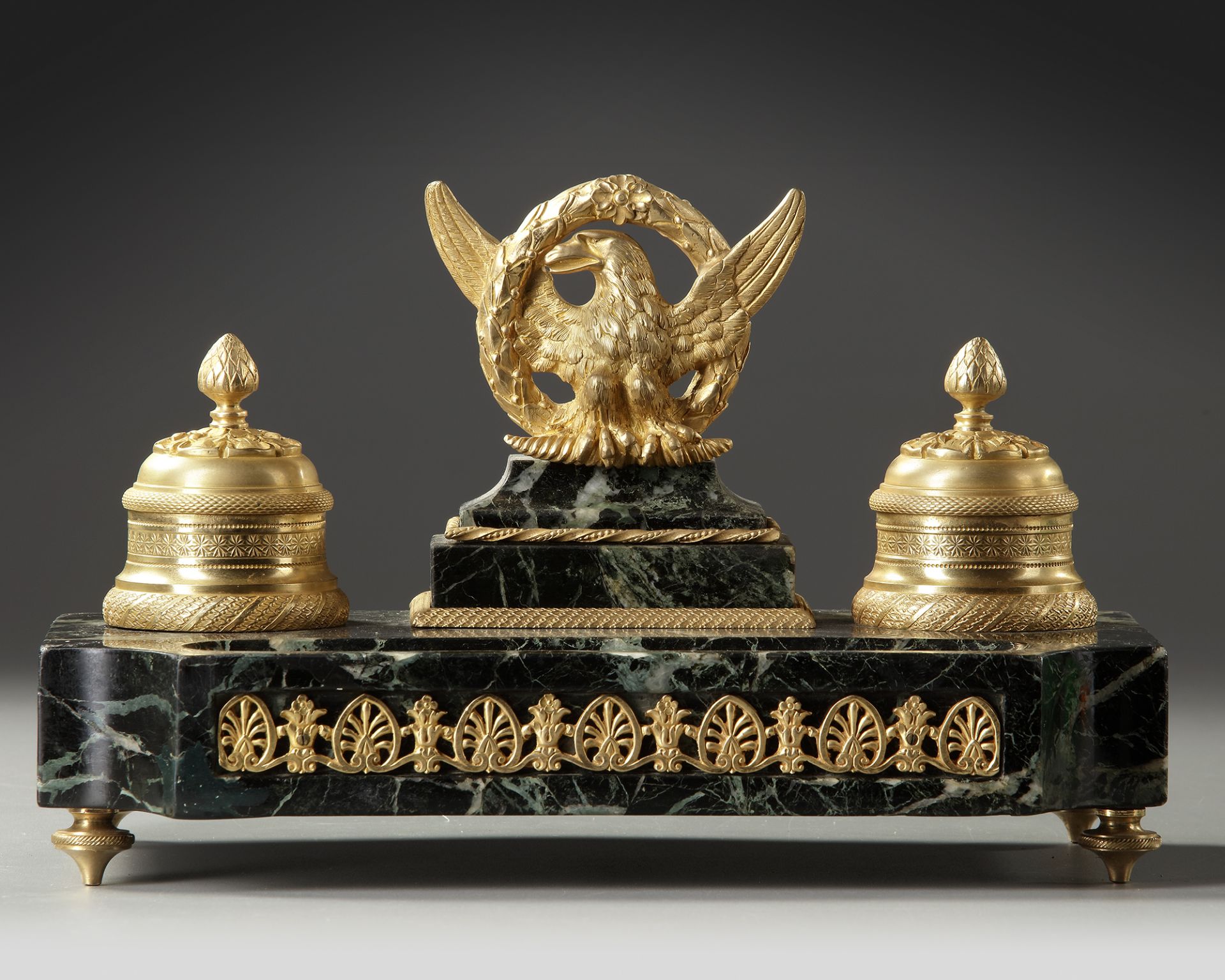A FRENCH 'EMPIRE STYLE' INKWELL SET, LATE 19TH CENTURY
