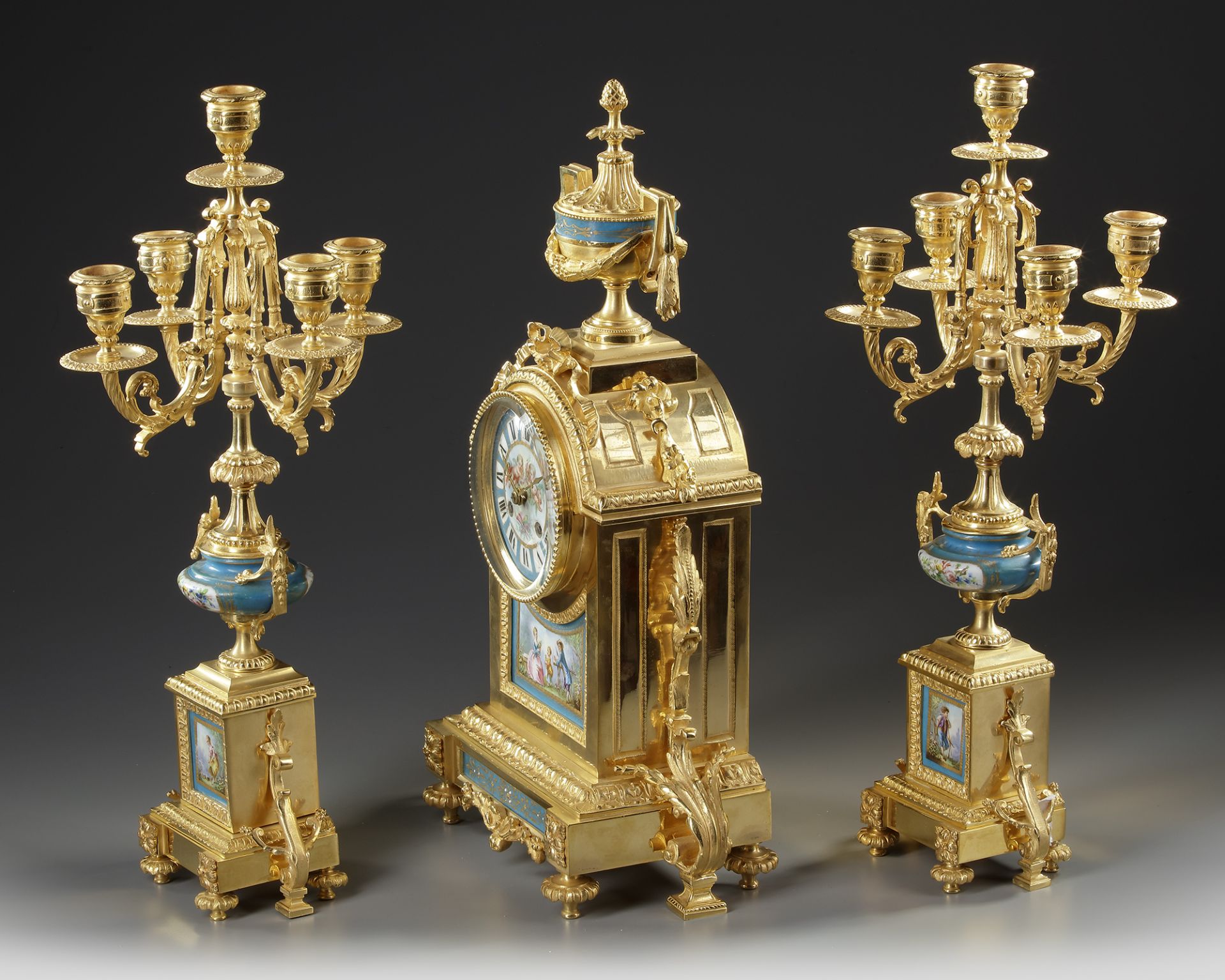 A FRENCH ORMOLU AND BLUE PORCELAIN CLOCK SET, 19TH CENTURY - Image 2 of 3