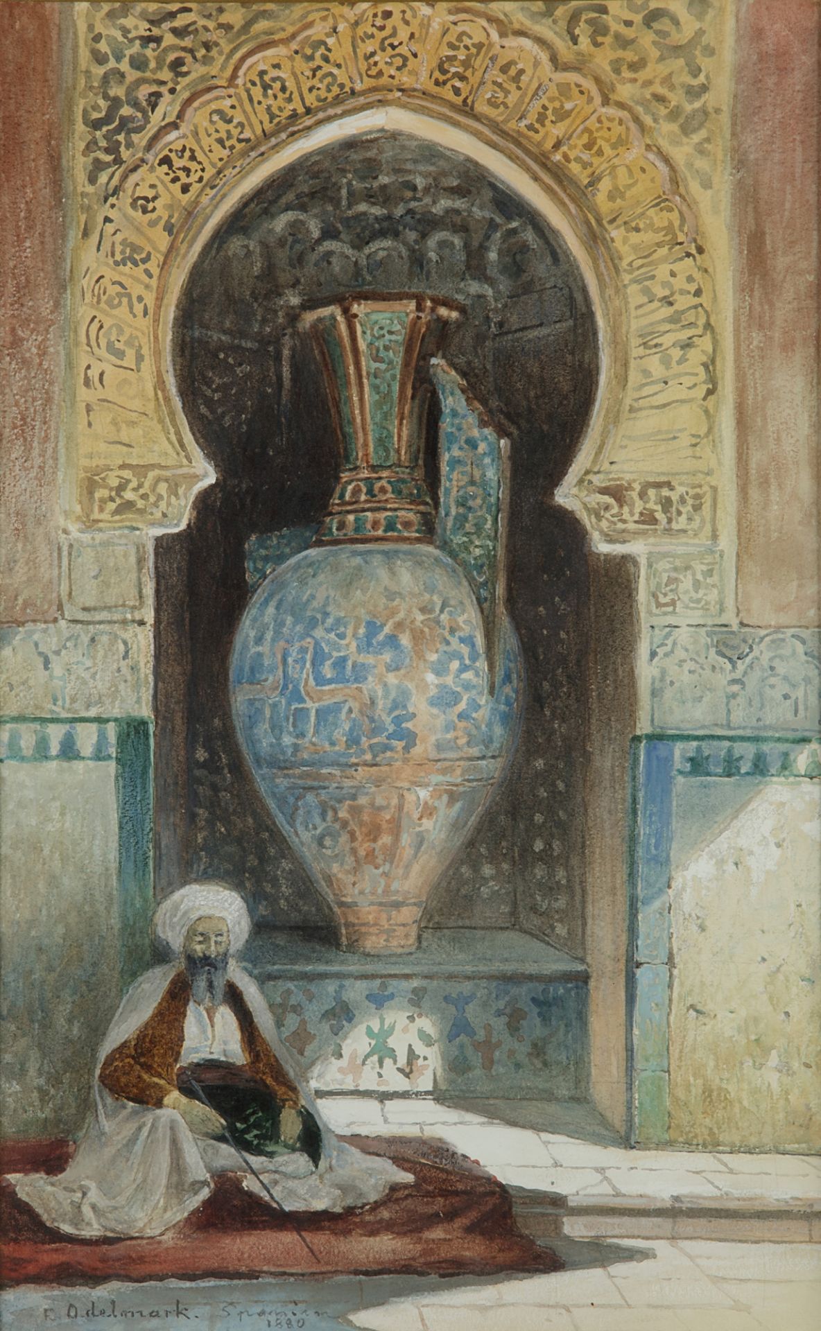 A PAINTING OF A SEATED HOLY MAN BEFORE A GIANT MOORISH STYLE VASE IN A NICHE, 1880 - Image 3 of 3