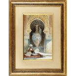 A PAINTING OF A SEATED HOLY MAN BEFORE A GIANT MOORISH STYLE VASE IN A NICHE, 1880