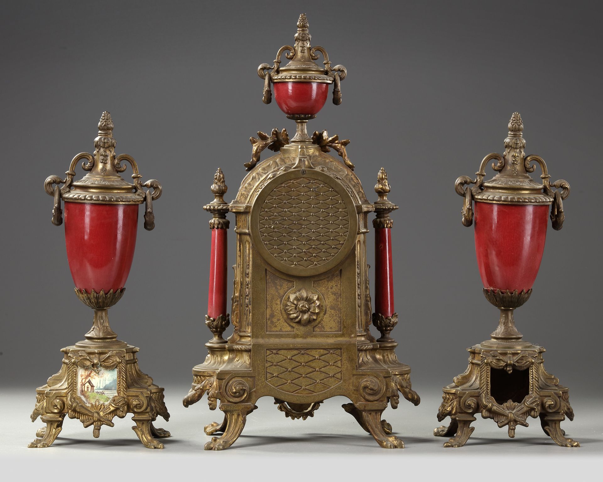 A SPELTER AND RED PORCELAIN CLOCK SET, 19TH CENTURY - Image 4 of 4