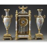 A FRENCH ORMOLU AND PORCELAIN CLOCK GARNITURE, 19TH CENTURY