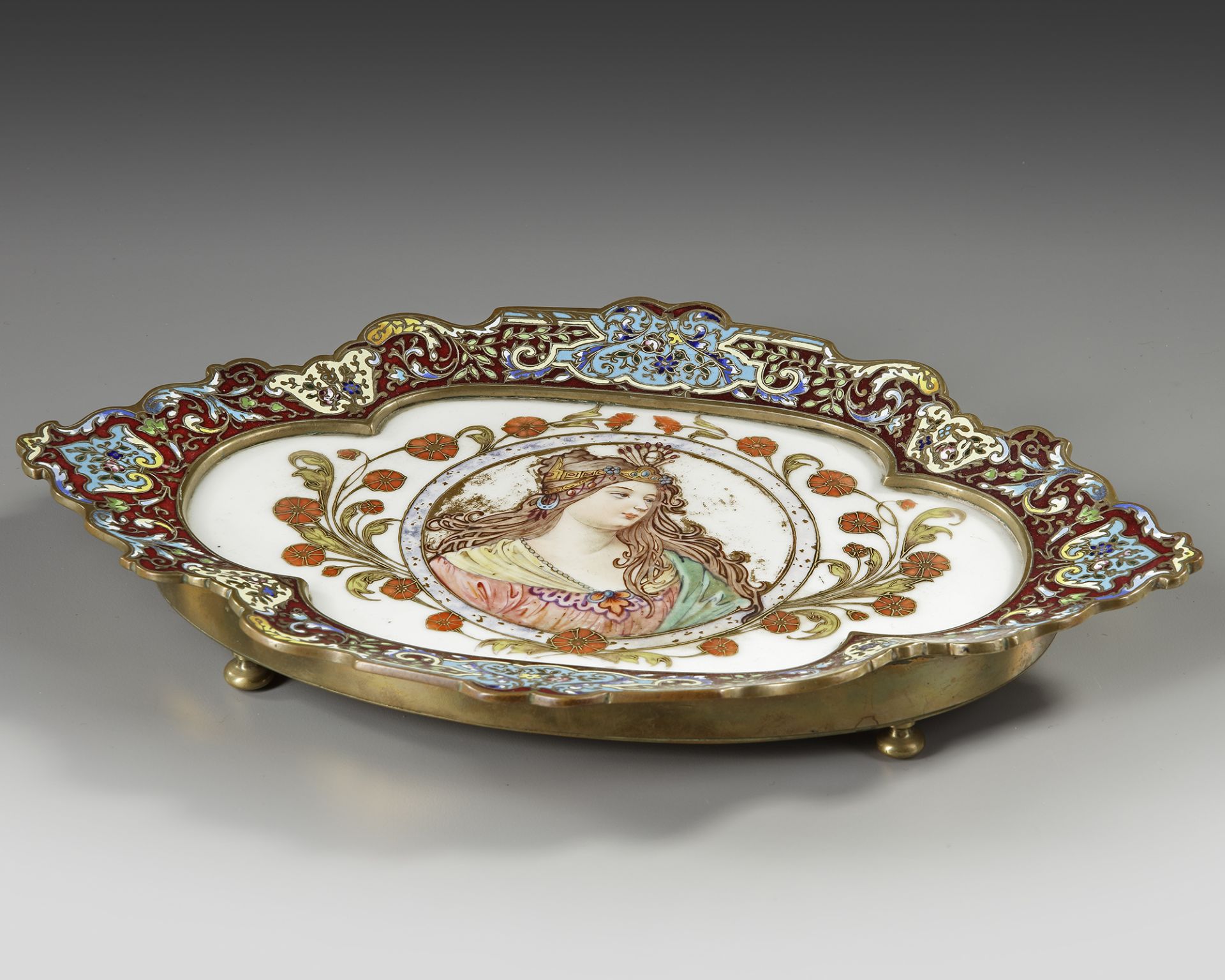 A FRENCH CHAMPLEVÉ ENAMELED GILT BRONZE PLATE, 19TH CENTURY - Image 2 of 3