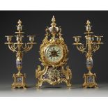 A FRENCH CHAMPLEVÉ ENAMEL CLOCK SET, 19TH CENTURY