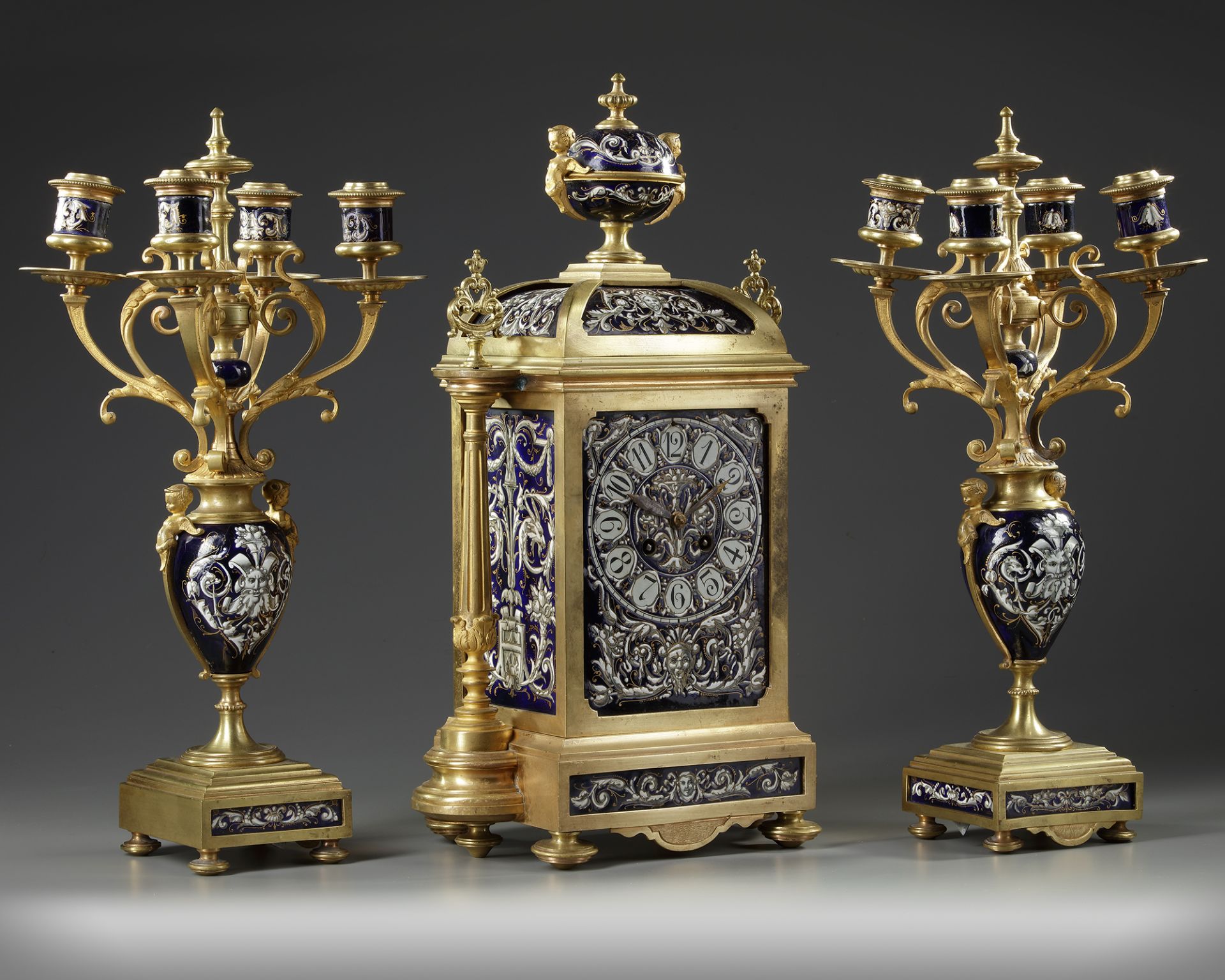 A FRENCH ORMOLU ENAMEL CLOCK SET, LATE 19TH CENTURY - Image 2 of 4