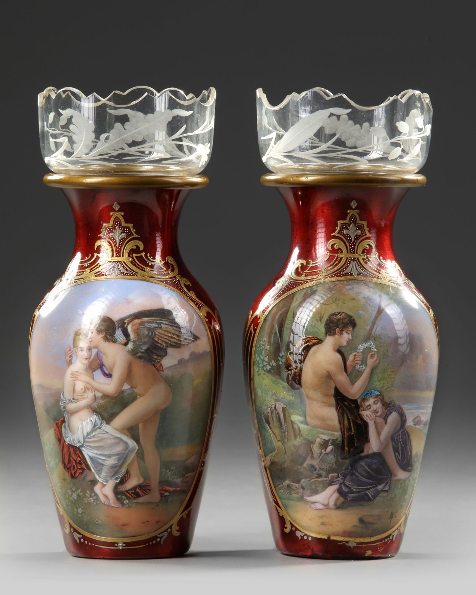 A PAIR OF RED ENAMEL VASES, AUSTRIA, 19TH CENTURY