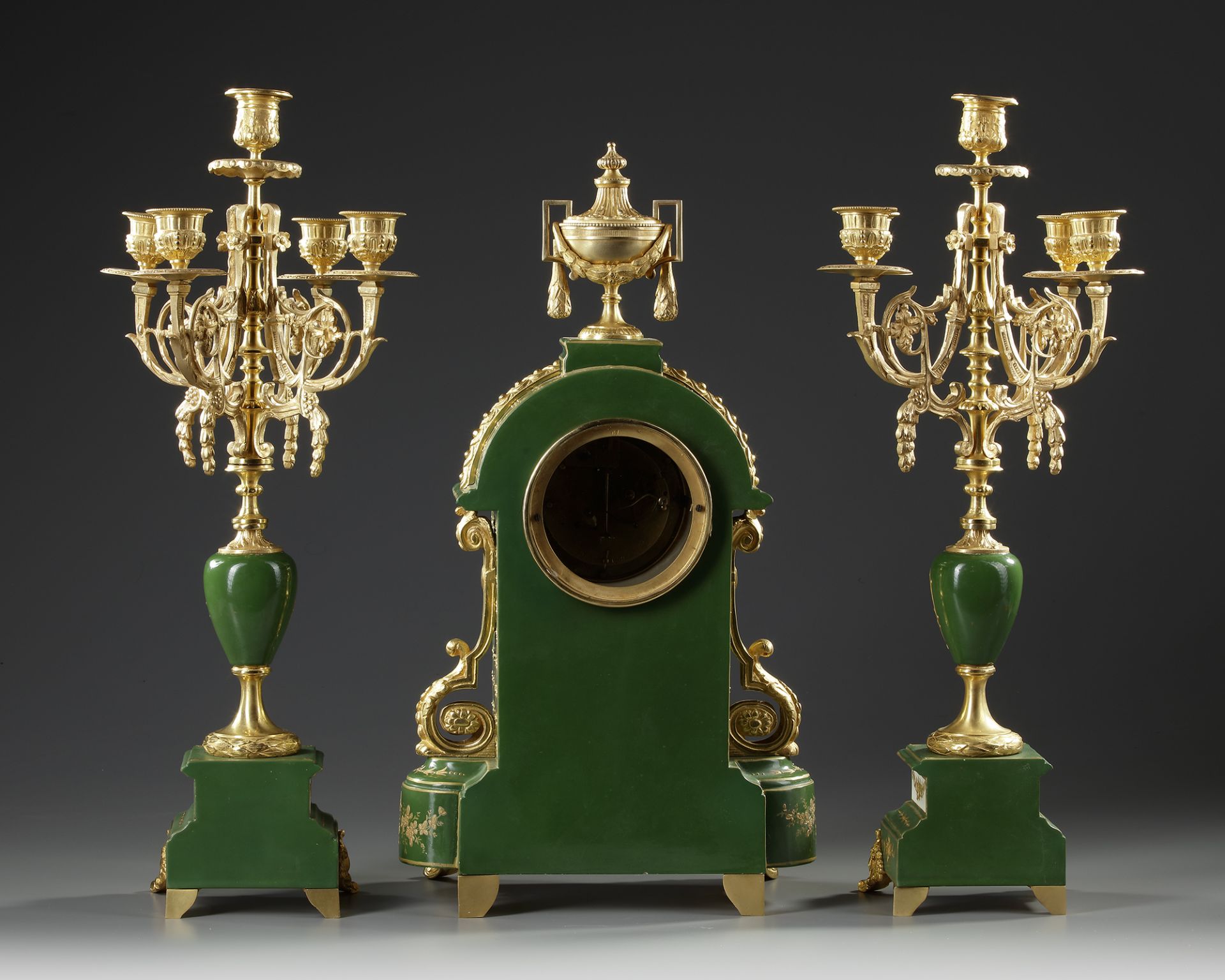 A FRENCH GILT BRONZE CLOCK SET, 19TH CENTURY - Image 3 of 3