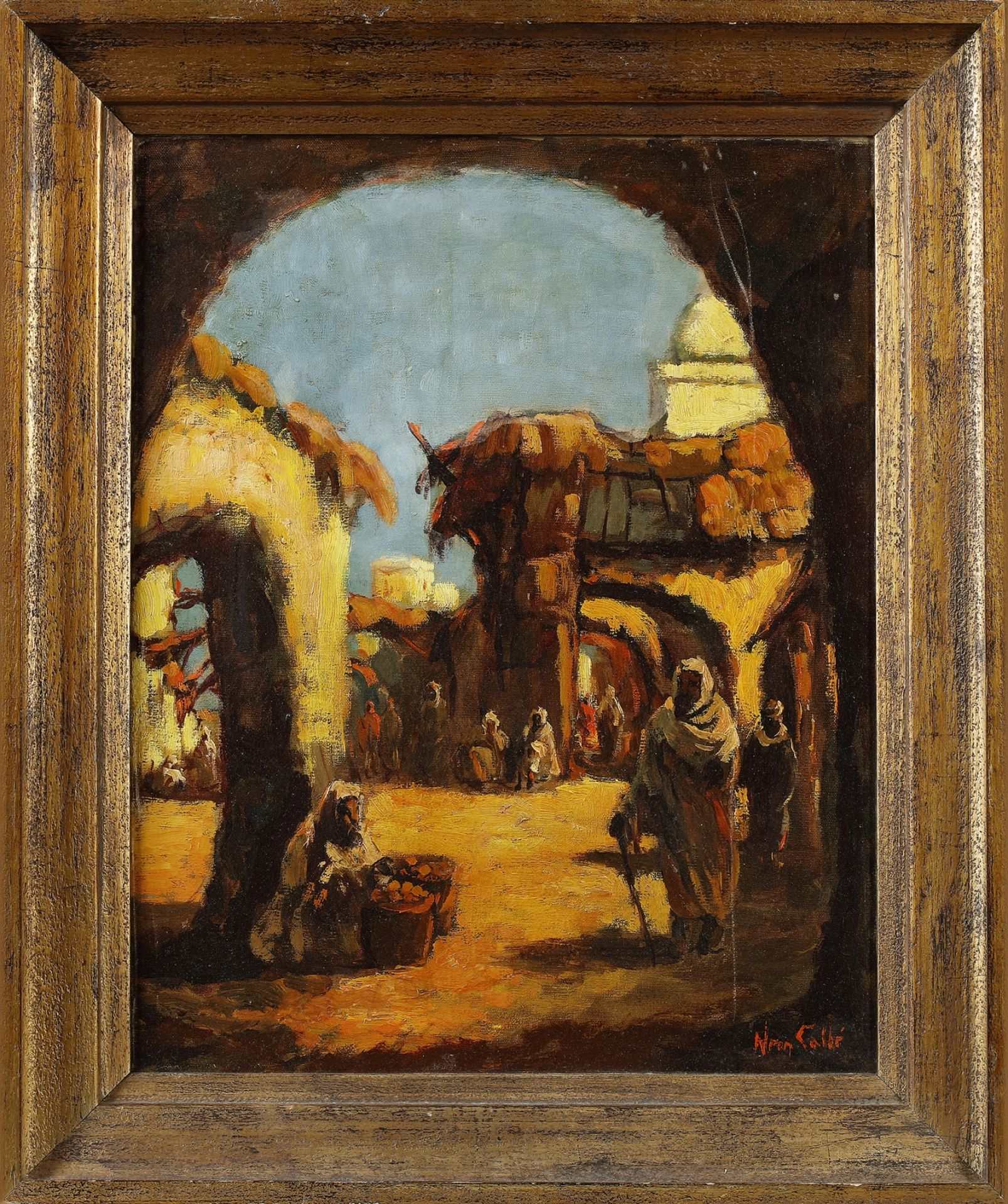 A PAINTING DEPICTING AN ARABIAN MARKET PLACE, 20TH CENTURY