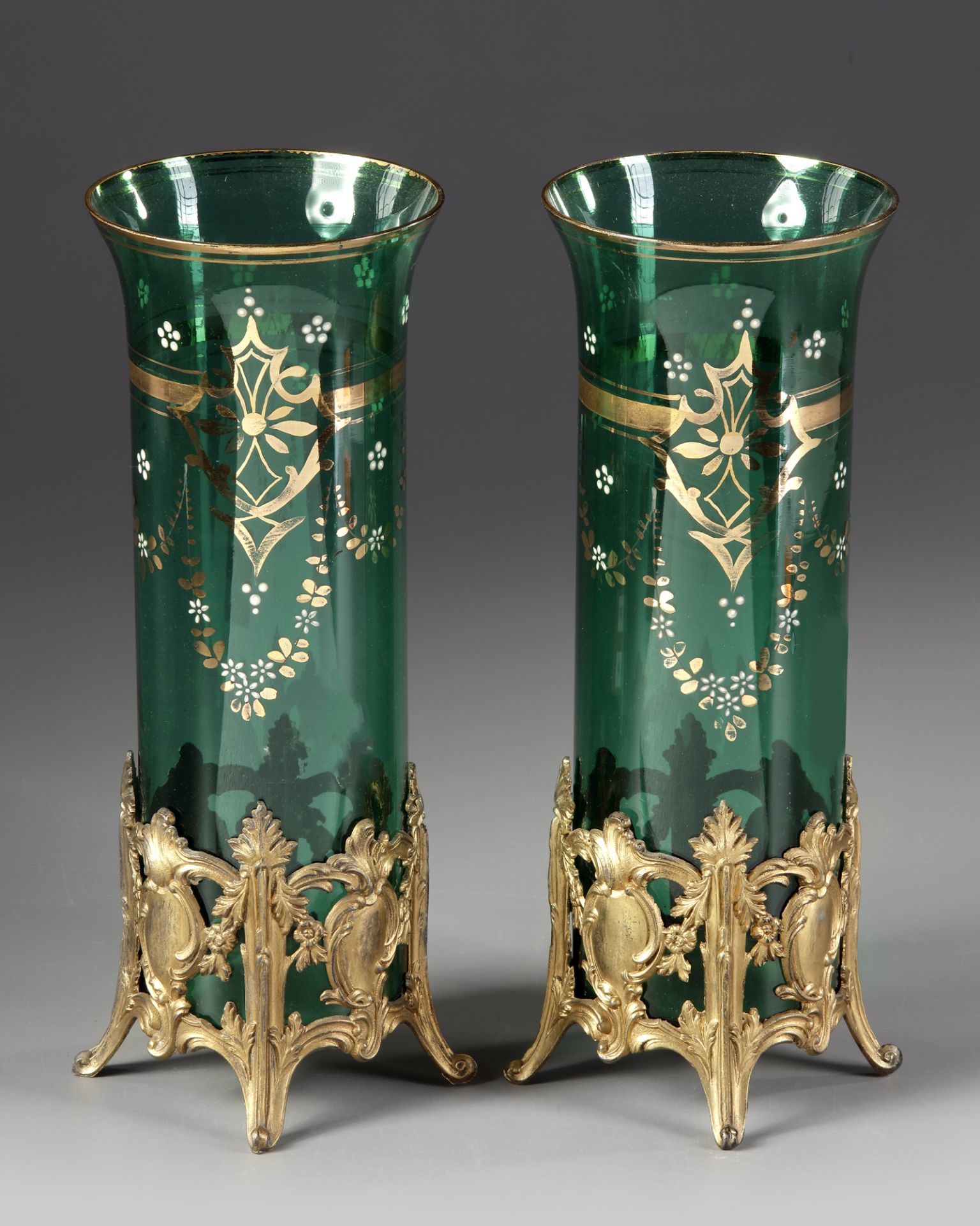 A PAIR OF GREEN GLASS VASES, LATE 19TH CENTURY