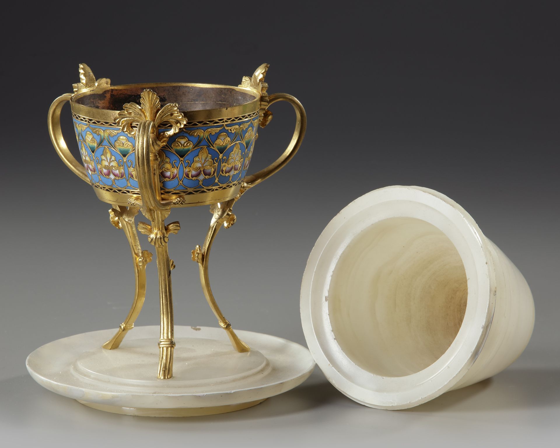 A FRENCH ORMOLU, CHAMPLEVÉ ENAMEL AND JADE CENTERPIECE, LATE 19TH CENTURY - Image 2 of 3