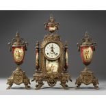 A SPELTER AND RED PORCELAIN CLOCK SET, 19TH CENTURY