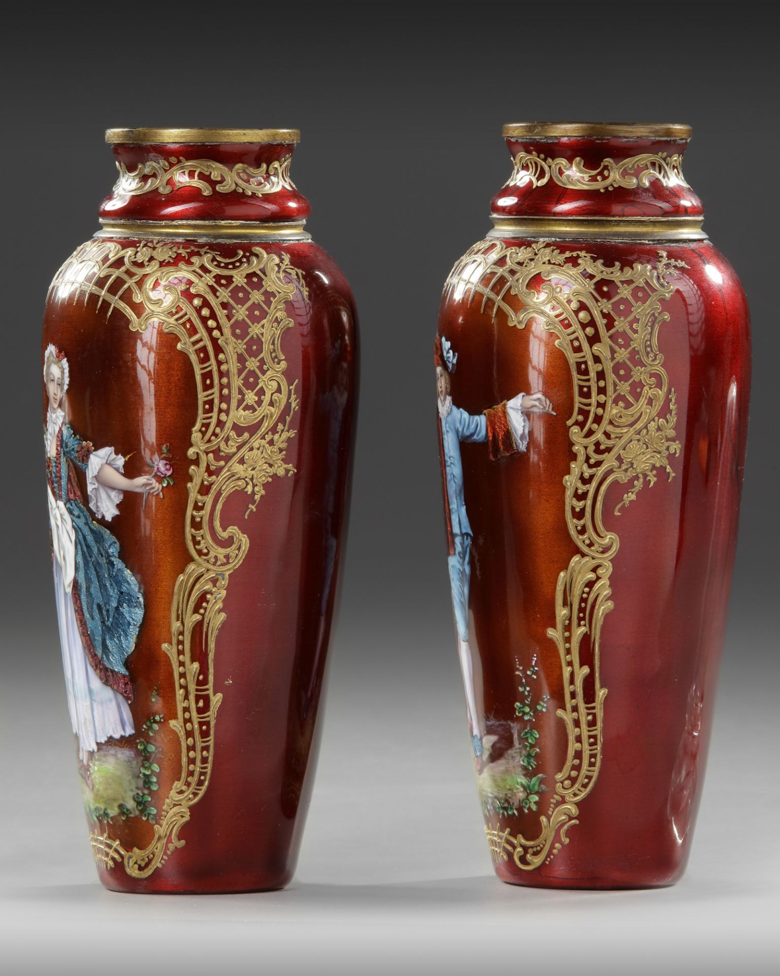 A PAIR OF RED ENAMEL VASES, AUSTRIA, 19TH CENTURY - Image 3 of 4