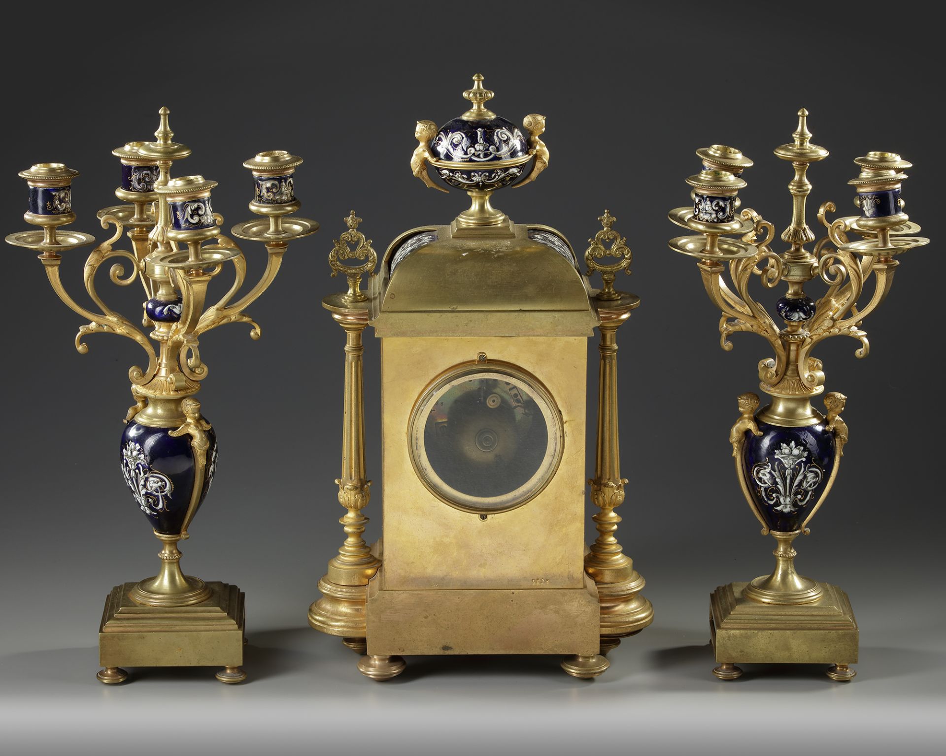 A FRENCH ORMOLU ENAMEL CLOCK SET, LATE 19TH CENTURY - Image 4 of 4