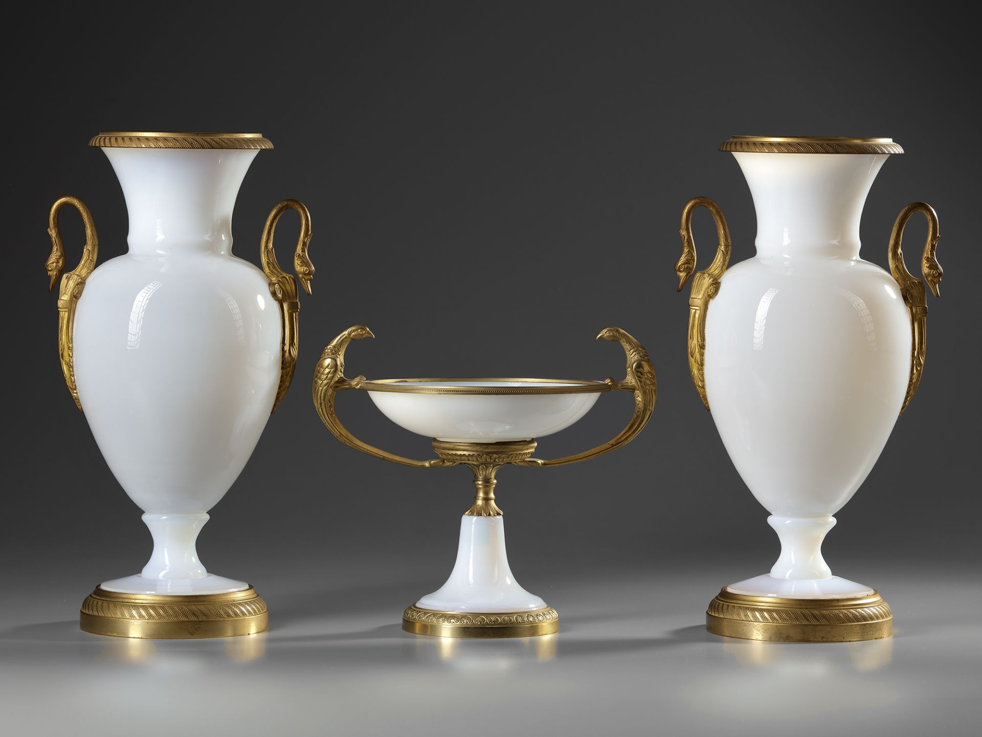 A SET OF VASES AND CUP OF OPALINE GLASS, CHARLES X, 19TH CENTURY