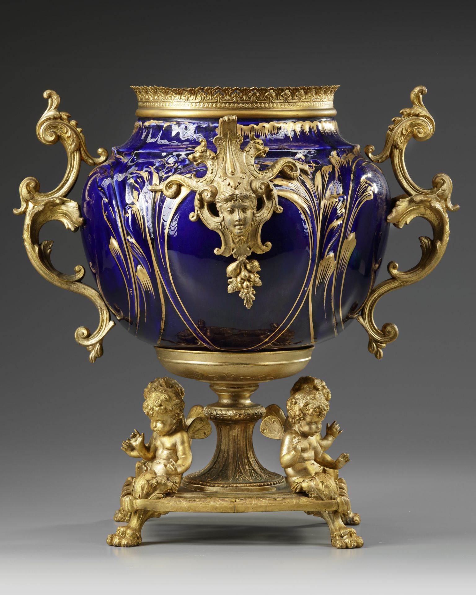 A FRENCH GILT SPELTER AND BLUE PORCELAIN FLOWER POT, LATE 19TH CENTURY - Image 2 of 3