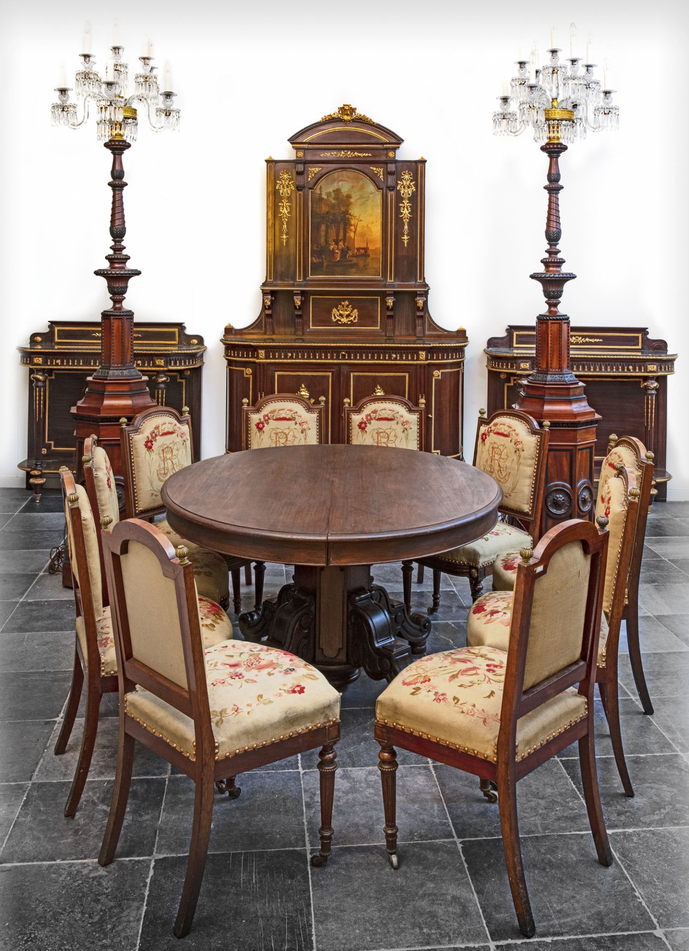 A FRENCH MAHOGANY DINING ROOM SET, 19TH CENTURY