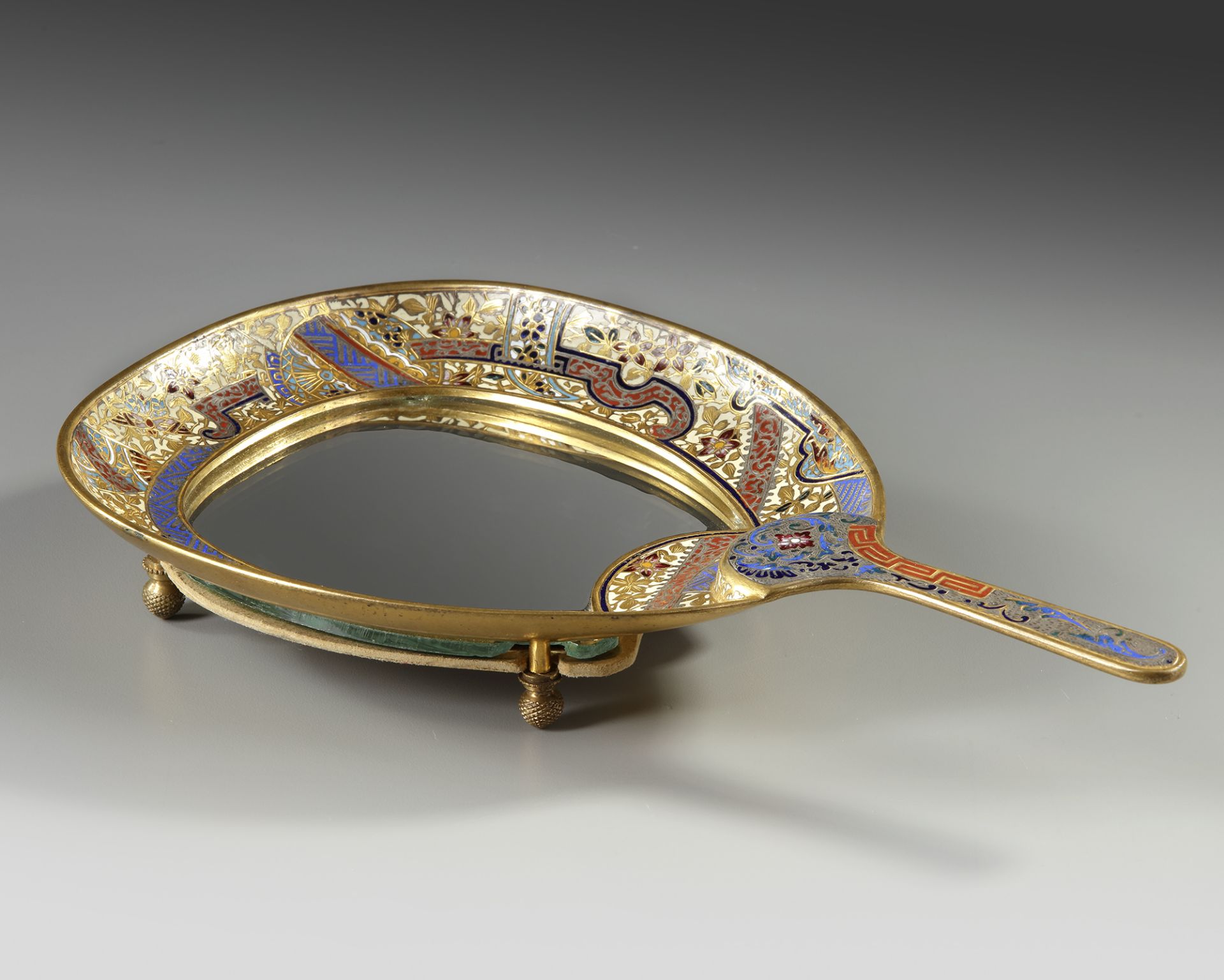 A FRENCH GILT BRONZE AND ENAMELED HAND MIRROR, 19TH CENTURY - Image 2 of 3