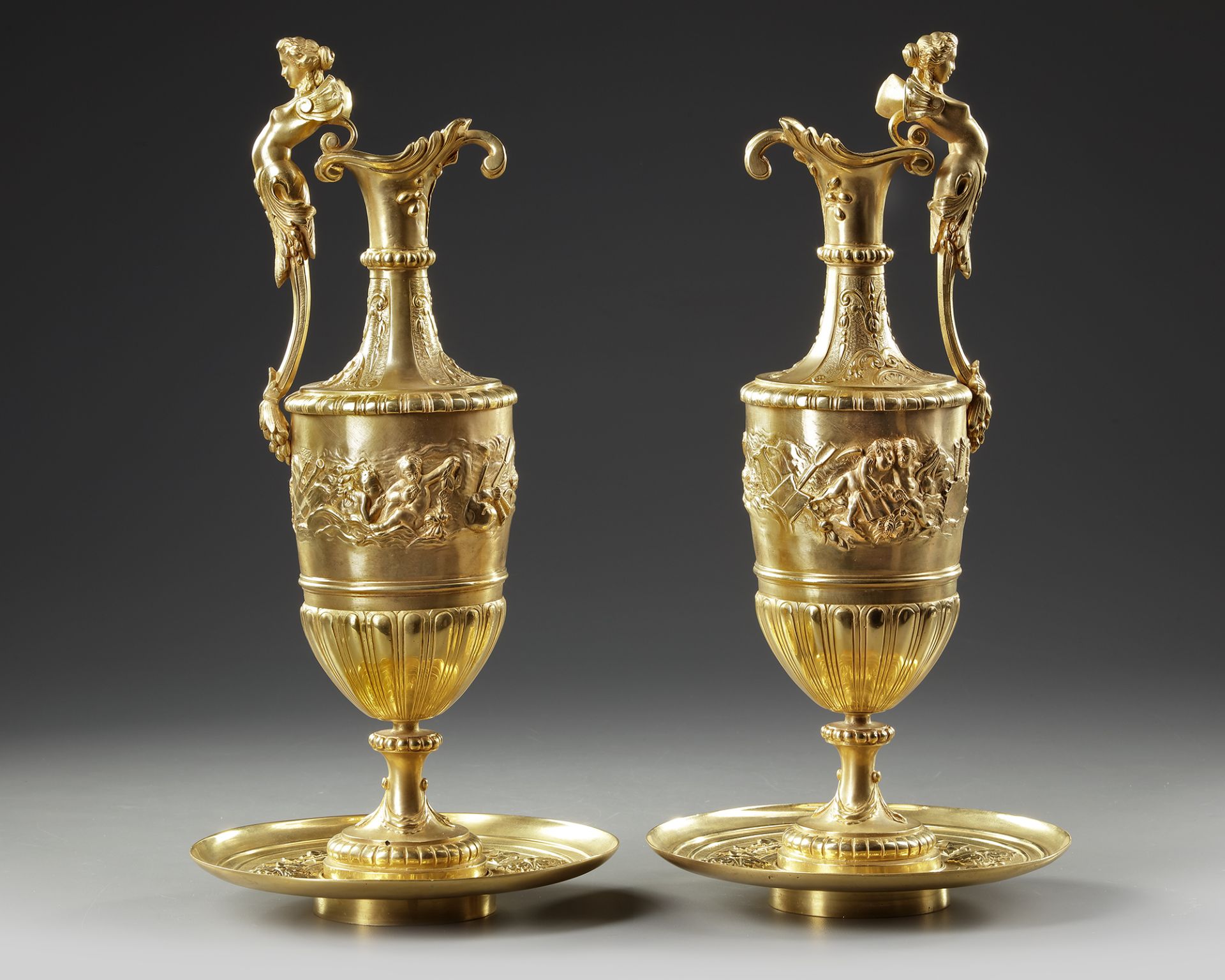 A PAIR OF FRENCH GILT BRONZE EWERS, 19TH CENTURY